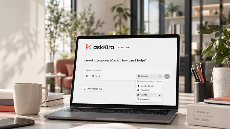 askKira Assistant open on a laptop on a bright desk, with the model list showing Google Gemini, ChatGPT, Claude and Perplexity