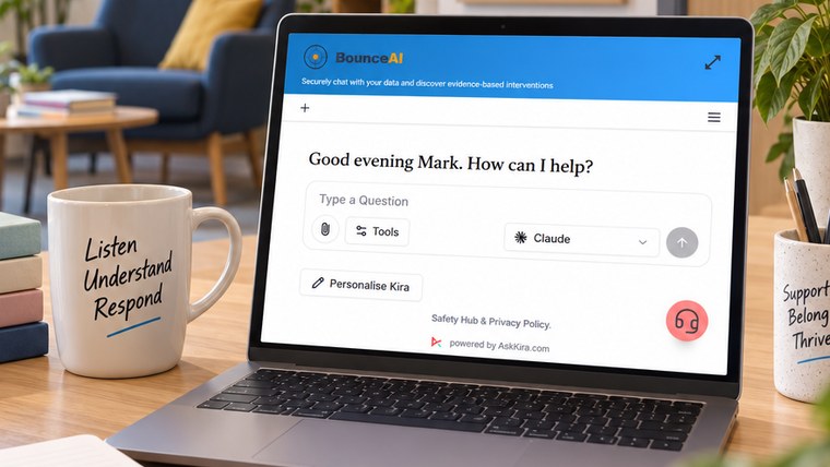 Bounce AI open on a laptop in a school wellbeing space, under Bounce’s own branding, offering to chat securely with the school’s data