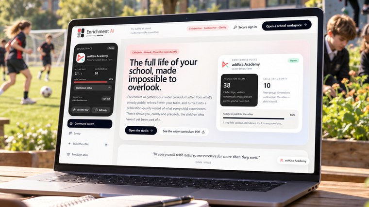 Enrichment AI open on a laptop on a school bench, showing a school’s enrichment atlas, with children playing football and gardening behind