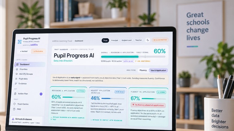Pupil Progress AI open on a laptop on a school leader’s desk, showing a trust dashboard of reasoning and application signals
